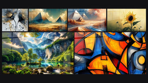 Mosaïque de six tableaux, dont Les Mystères des Sables, Mirage Égyptien et Éden Vert aux Mille Cascades