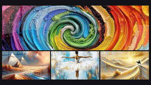 Mosaico de cuatro cuadros, entre ellos Espiral multicolor, Mirage Egipcio y Danza de Luz