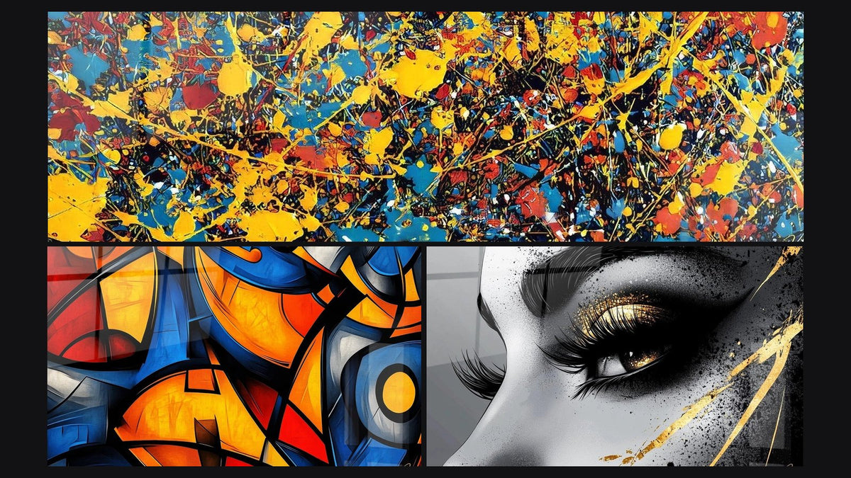 Mosaico di tre quadri: Tavolozza di schizzi multicolori, Forme geometriche colorate di e Occhio lacrima d'oro