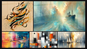Mosaico de cinco cuadros, entre ellos Caligrafía abstracta, Abstracto reflejos de colores y En El Corazón de la Brisa