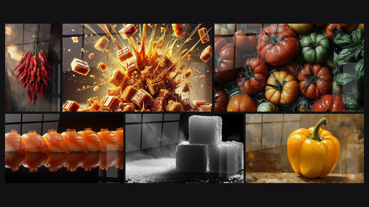 Mozaïek van zes schilderijen, waaronder Karamel in Eruptie, Tomatentafel nr. 1 en Sushitafel nr. 2