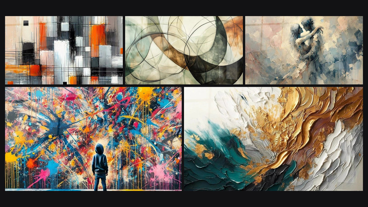 Mosaico di cinque quadri, tra cui Meccanica dei Colori, I Legami Invisibili e Schizzi di Pittura