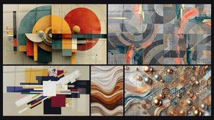 Mozaïek van vijf schilderijen, waaronder Geometrische Compositie Creatieve Spanning en Vloeiende Golven Aarde en Koper