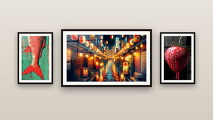 Galerijwand met drie ingelijste schilderijen, waaronder Vis nr. 1 en Japanse Plaat Nr. 3