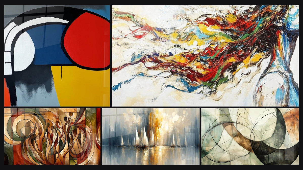 Mosaico di cinque quadri, tra cui Forme geometriche colorate di, Danza delle Sagome e Alba sulla Baia