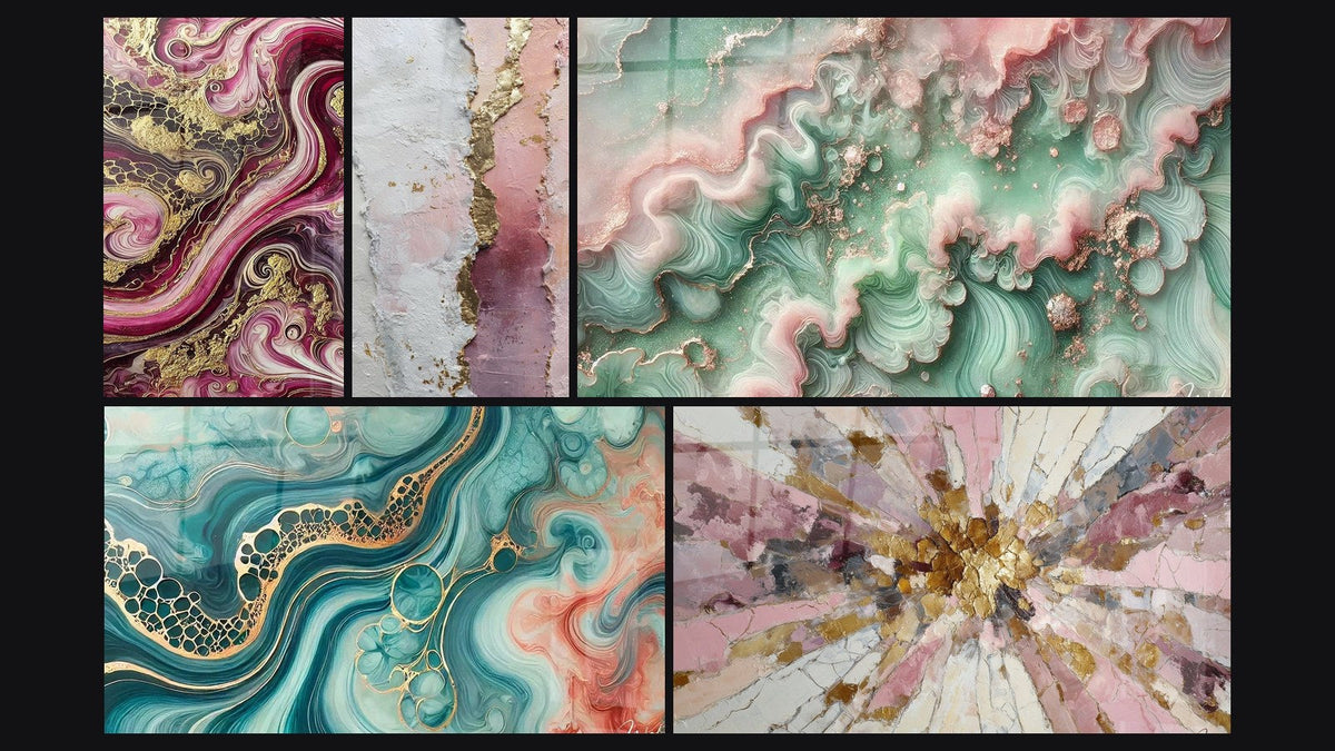 Mosaic of five paintings, including Purple Flames, Watercolor Tide and Emerald Mist