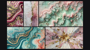 Mozaïek van vijf schilderijen, waaronder Paarse Vlammen, Aquarelgetijtafel en Smaragdnevel