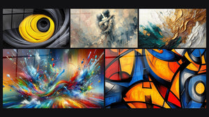 Mosaïque de cinq tableaux, dont Spirale dorée hypnotique, Entre Nous et Trace en Or et Jade