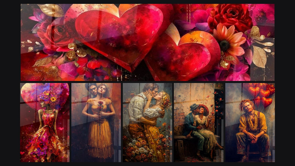 Mosaico de seis cuadros, entre ellos Corazones Opulencia Rosada y Mujer con flores Reina de Corazones