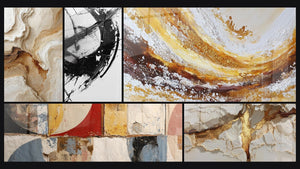 Mosaico de cinco cuadros, entre ellos Abstracto Texturizado Beige y Ocre y Formas geométricas abstractas