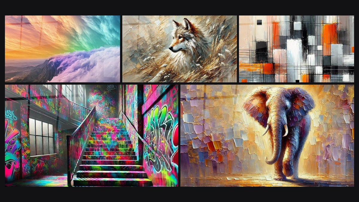 Mosaic of five paintings, including Celestial Landscape Rainbow Arc, Street Art Wall Art N°5 and Echo of the Forest