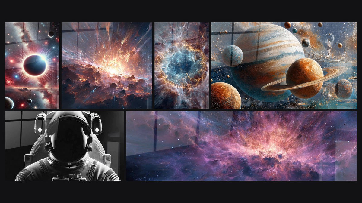 Mosaico de seis cuadros, entre ellos Silencio Espacial, Explosión cósmica y Nebulosa espiral
