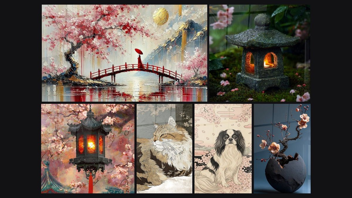 Mosaico de seis cuadros, entre ellos Paso bajo el Sakura y Gato Siberiano Bajo los Cerezos