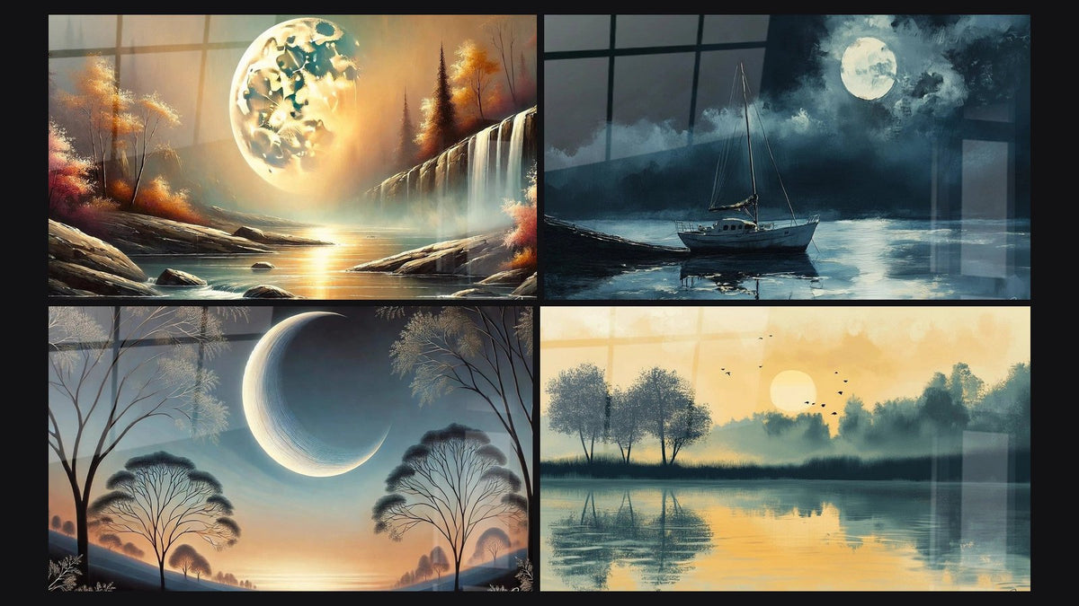 Mosaico di quattro quadri, tra cui Serenità Celeste e Dolcezza Astrale