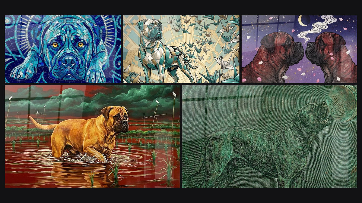 Mosaïque de cinq tableaux, dont Chien en Mosaïque Bleue aux Yeux Dorés et Bullmastiff Géométrique aux Grues Origami