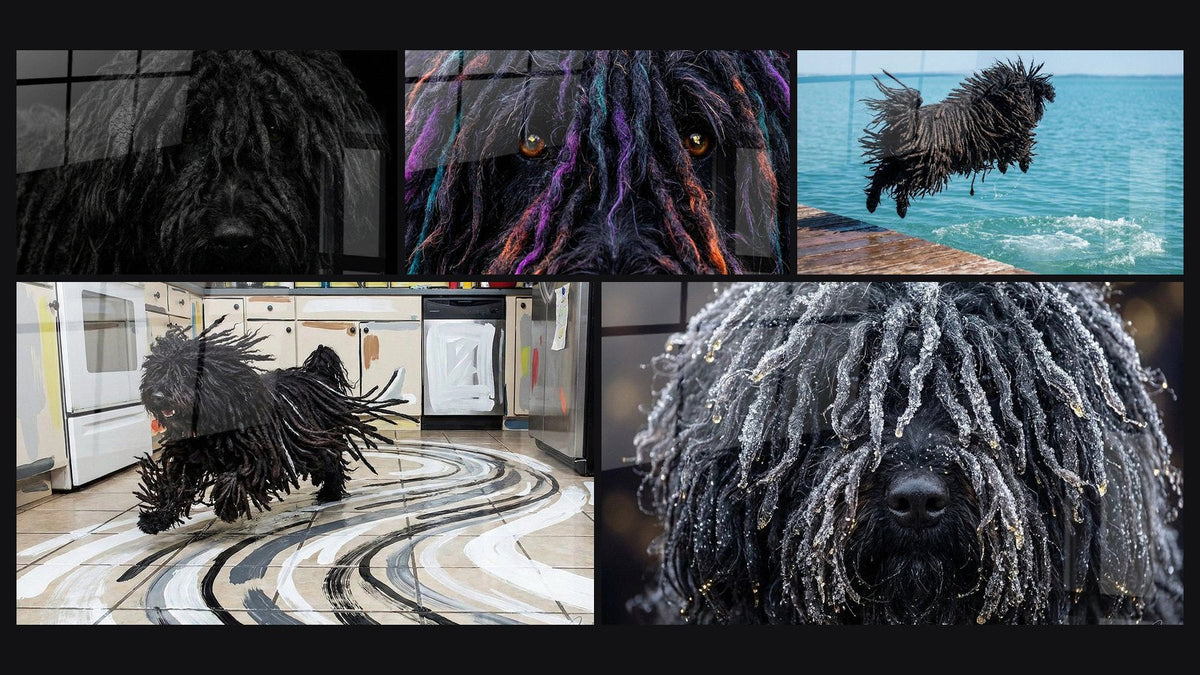 Mosaik aus fünf Gemälden, darunter Hund mit gefrorenen Dreadlocks und Hund Puli springt ins Wasser