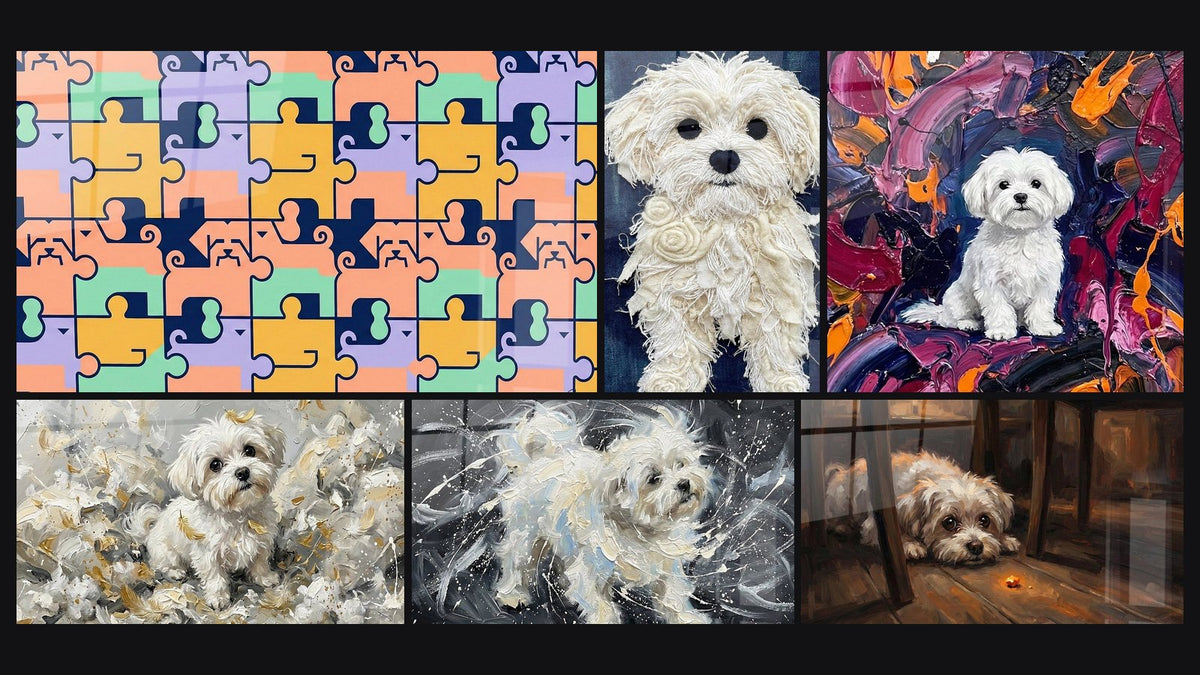 Mosaïque de six tableaux, dont Puzzle Multicolore aux Motifs Géométriques et Chien Blanc aux Tonalités Dorées
