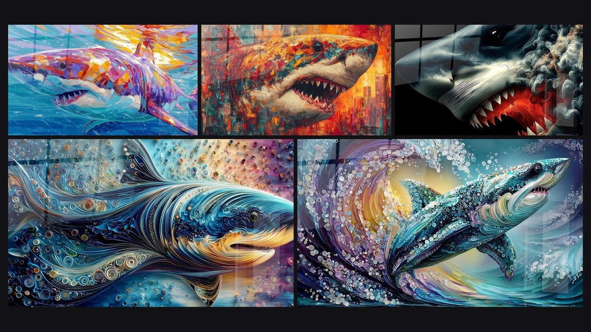 Mosaico di cinque quadri, tra cui Squalo Colorato, Mégalodon Fantastico e Mégalodon Stilizzata