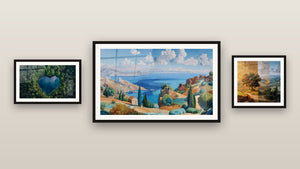 Gallery wall with three framed paintings, including Mediterranean Landscape and Composite Autumn Landscape