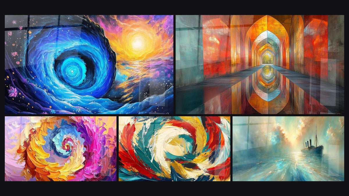 Mosaïque de cinq tableaux, dont Vortex cosmique, Spirale colorée multicolore et Voûtes Chatoyantes Vermillon