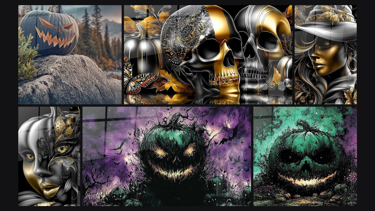 Mosaico de seis cuadros, entre ellos Calabaza Guardiana de las Rocas Encantadas y Mujer Misteriosa Magia Negra y Oro