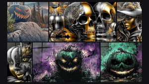 Mosaico de seis cuadros, entre ellos Calabaza Guardiana de las Rocas Encantadas y Mujer Misteriosa Magia Negra y Oro