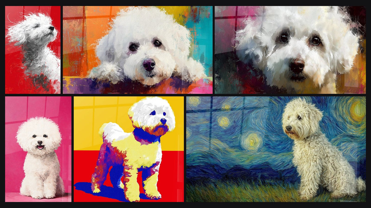 Mozaïek van zes schilderijen, waaronder Witte Hond met Kleurcontrasten en Bichon Frisé op Sterrenhemel Achtergrond