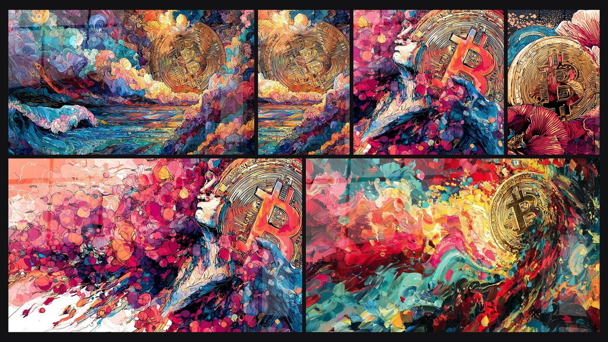 Mosaic of six paintings, including Golden and Turquoise Ocean Wave and Golden Coin with Red Turquoise Whirlpool