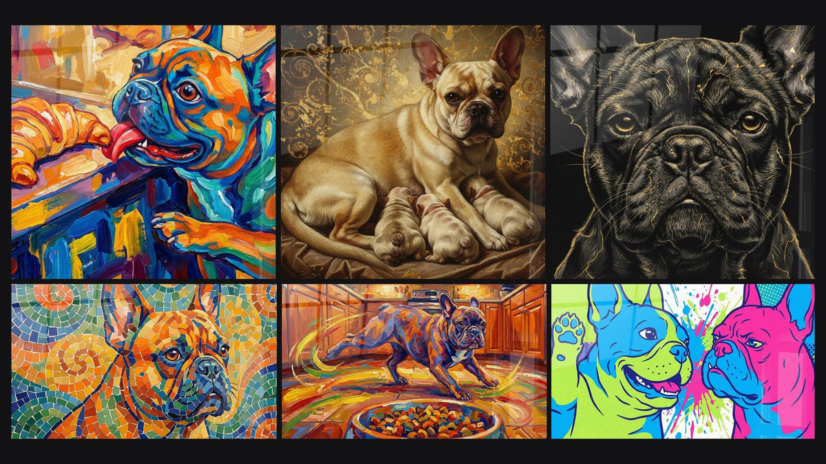 Mosaico de seis cuadros, entre ellos Bulldog Francés Colorido en su Cocina y Díptico de Bouledogues Pop Art Azul y Rosa