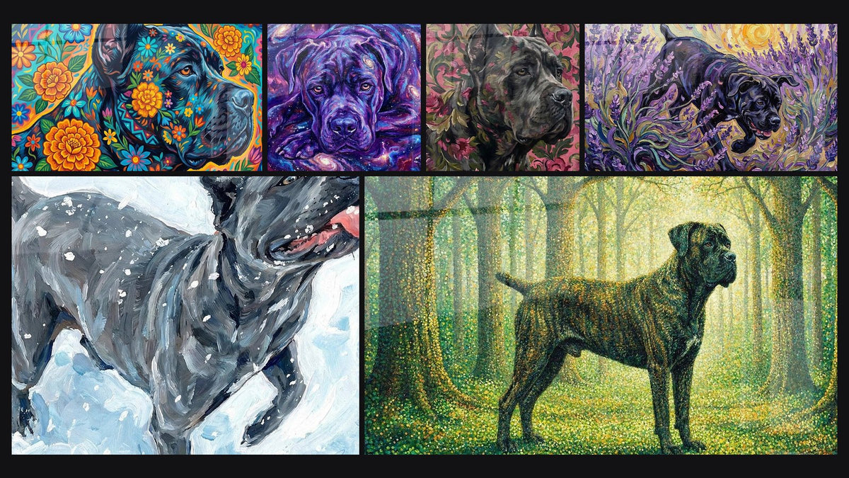 Mosaïque de six tableaux, dont Cane Corso aux Motifs Floraux Colorés et Cane Corso Gris sur Fond Floral Rose
