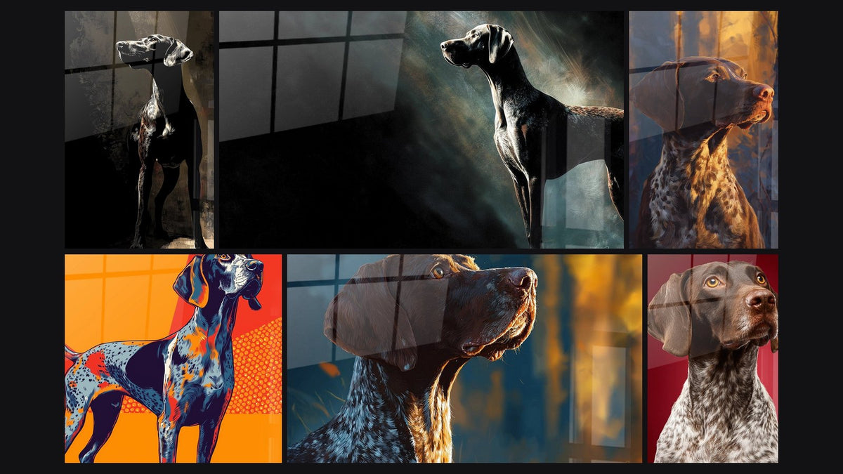 Mosaïque de six tableaux, dont Braque Allemand Portrait Orange et Rouge et Braque Allemand Profil Lumière Dorée
