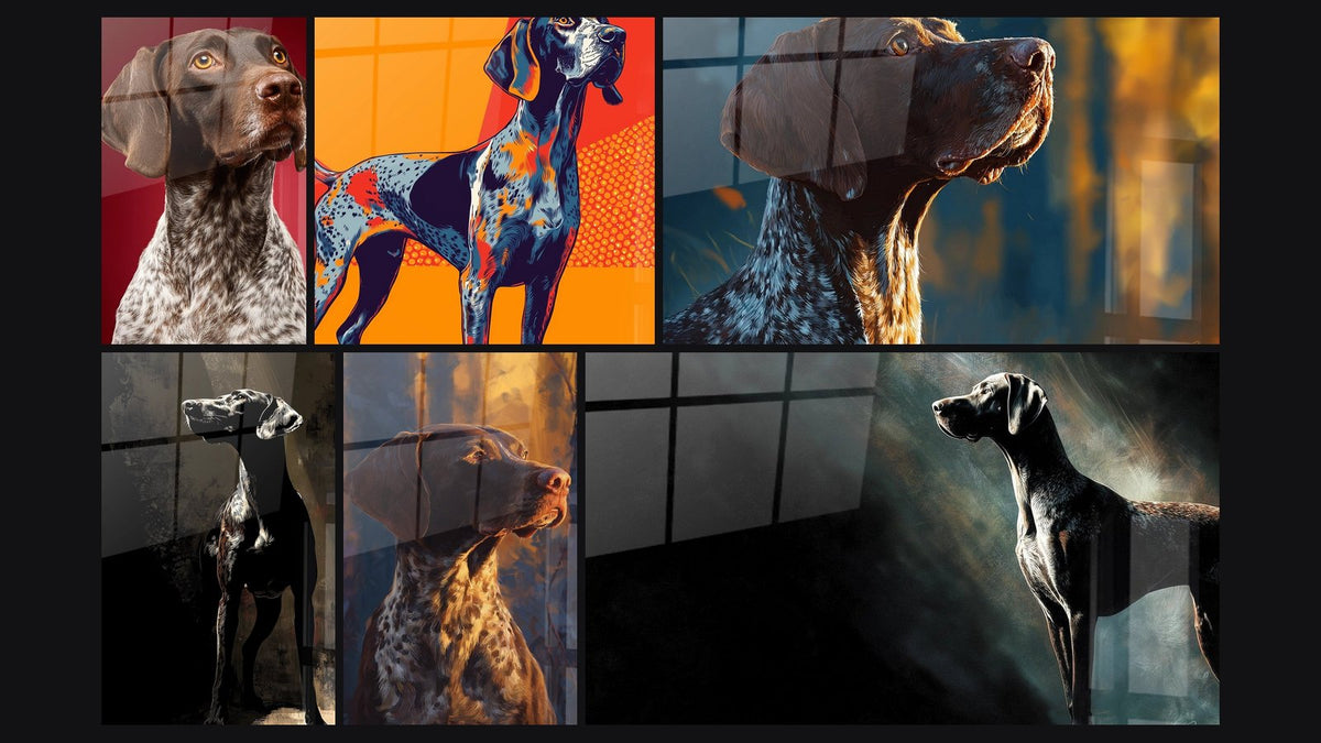 Mosaïque de six tableaux, dont Braque Allemand Portrait Orange et Rouge et Braque Allemand Profil Lumière Dorée