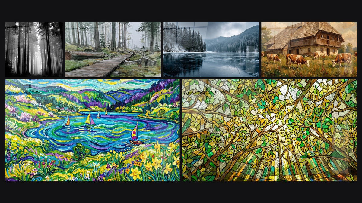 Mosaïque de six tableaux, dont Forêt de Sapins dans la Brume, Forêt Vosgienne et Lac Gelé Vosges