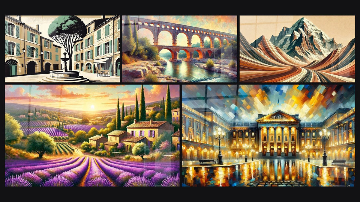 Mosaïque de cinq tableaux, dont Provence N°3, Pont Du Gard N°1 et Place Stanislas N°1