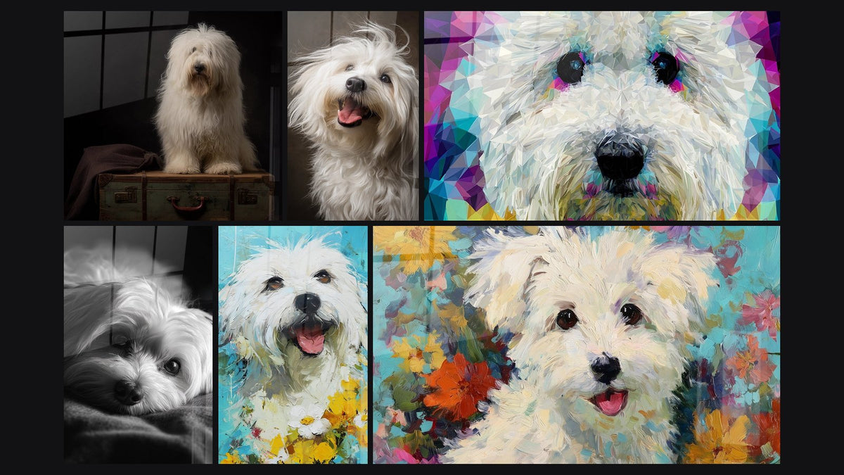 Mosaïque de six tableaux, dont Chien aux Yeux Tendres en Noir et Blanc et Chien Blanc aux Yeux Expressifs Polygonaux