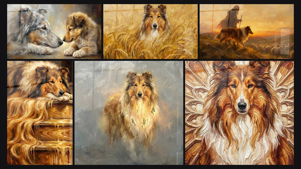 Mosaico de seis cuadros, entre ellos Collie y su Cachorro en Luz Dorada y Collie Rojo en Trigo Dorado