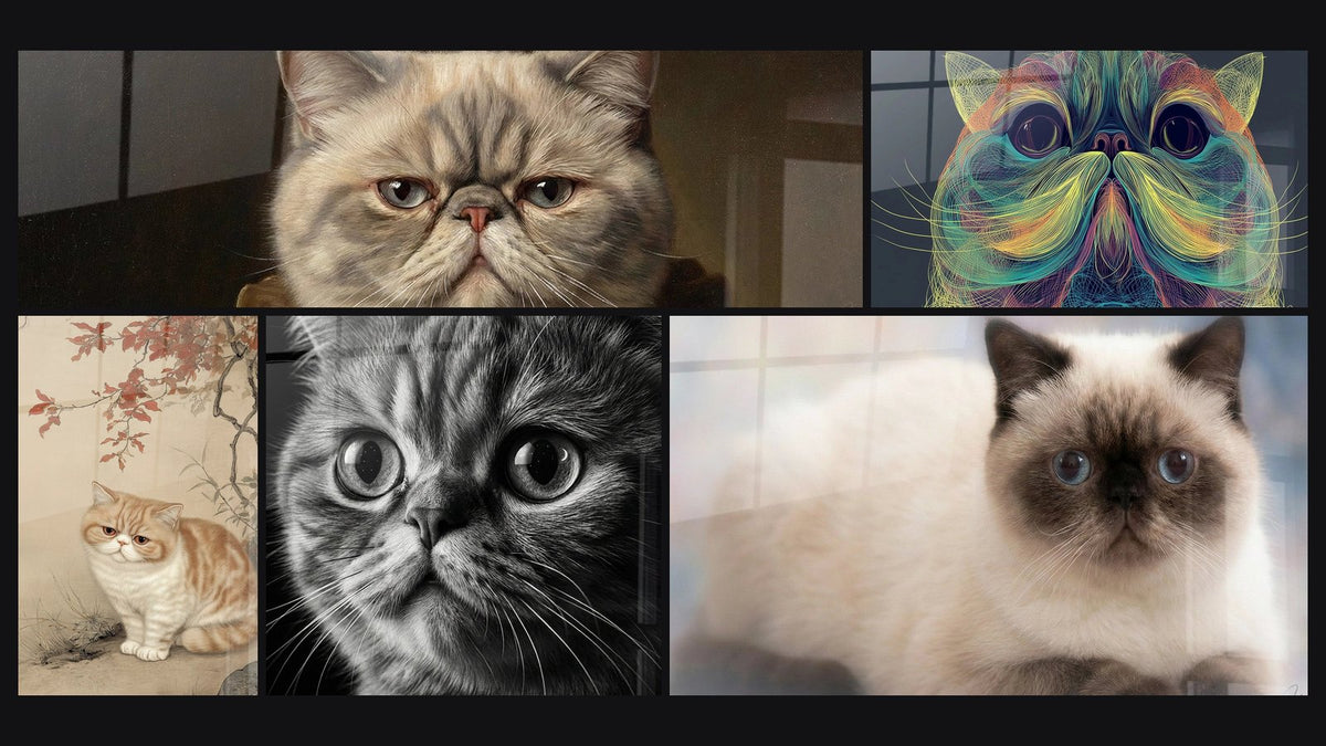 Mosaic of five paintings, including Exotic Shorthair Cat Portrait and Exotic Shorthair Cat Abstract