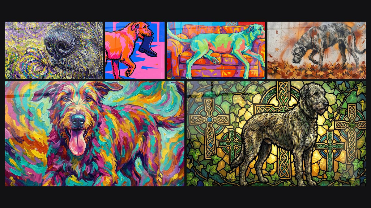 Mosaic of six paintings, including Whirling Multicolor Dog