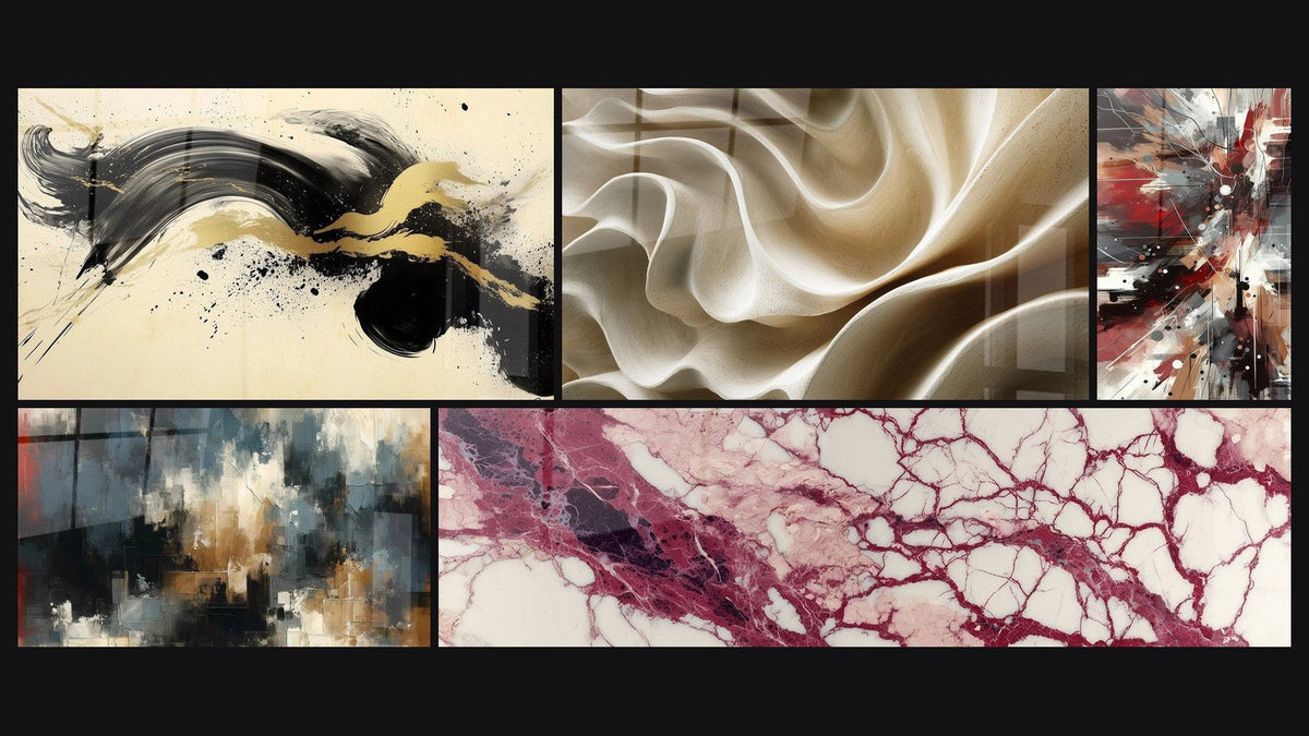 Mosaïque de cinq tableaux, dont Élan Passionné Noir, Bruit Dynamique Explosive et Chaos Organisé
