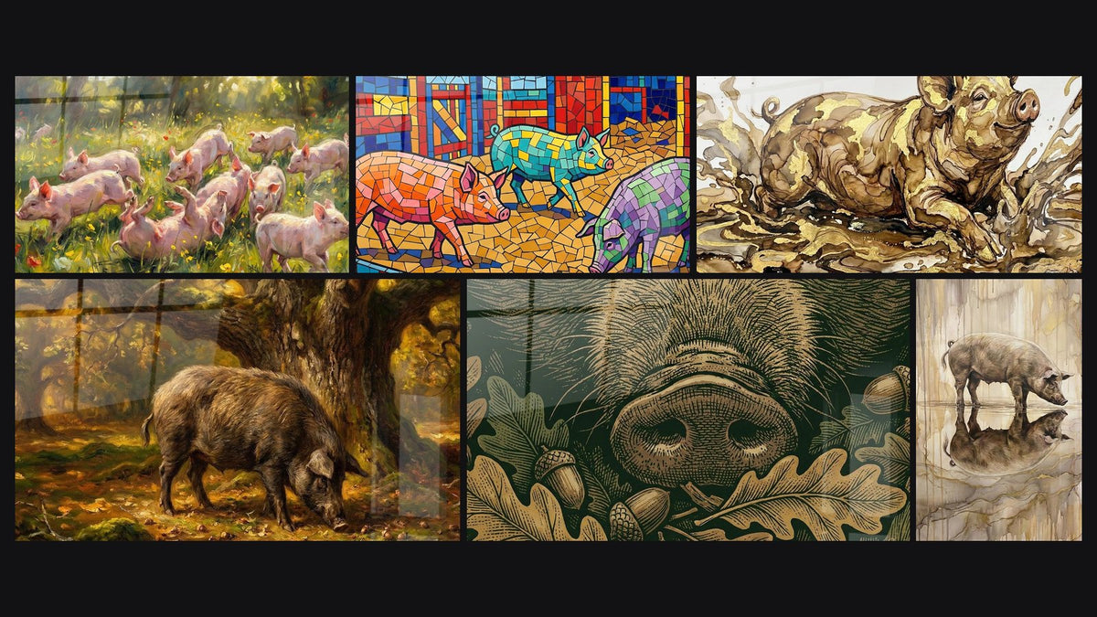 Mosaico de seis cuadros, entre ellos Cerdo Salpicaduras Doradas y Marrones