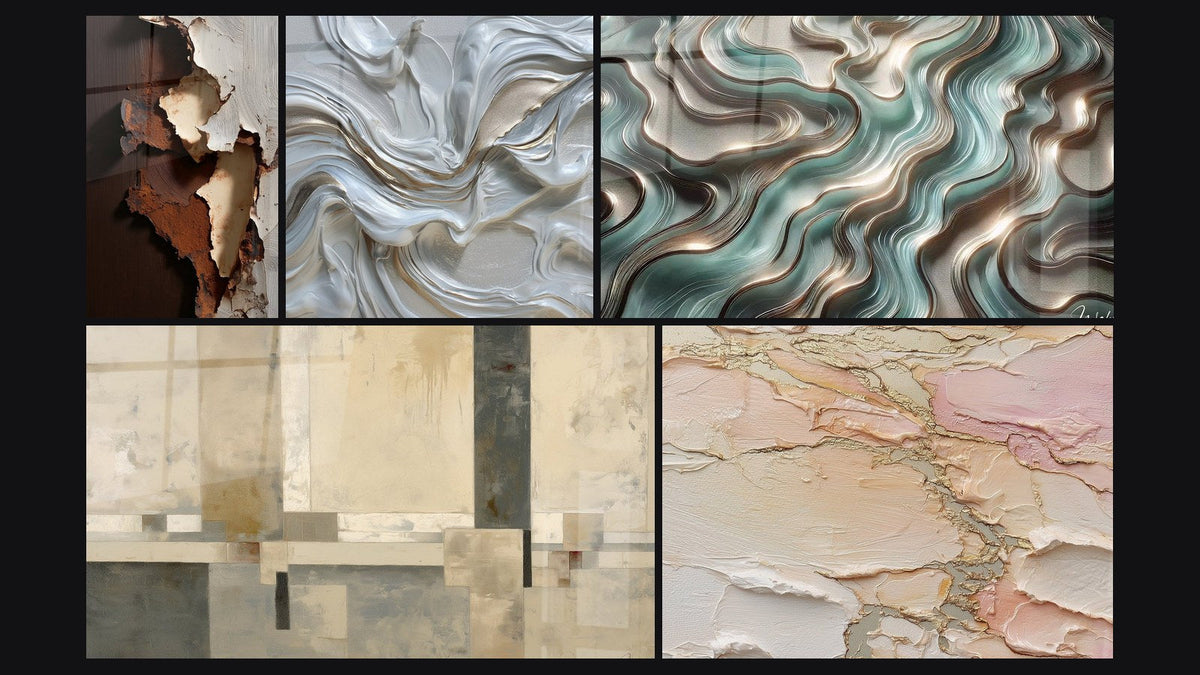 Mosaïque de cinq tableaux, dont Abstrait écorces et fissures blanches ocre et Composition géométrique beige et gris