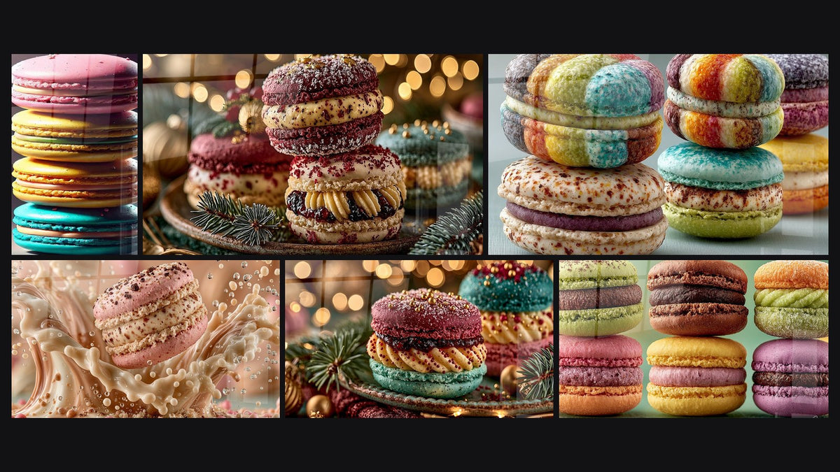 Mosaïque de six tableaux, dont Tour de Macarons et Macaron rose et crème aux éclats croquants
