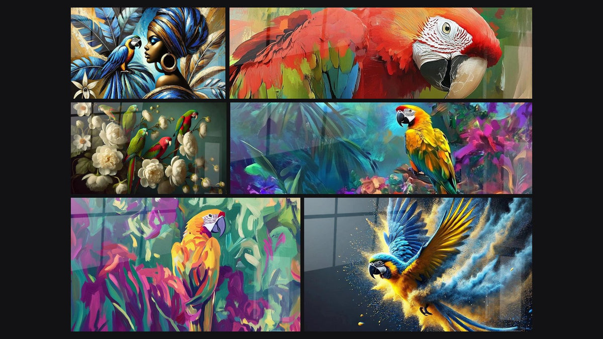 Mosaïque de six tableaux, dont Dialogue d'Or et de Bleu, Jardin Exotique et Perroquet Esprit de jungle