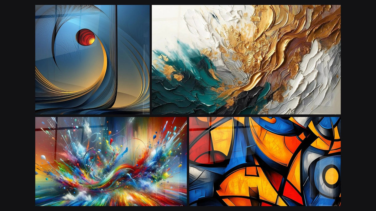 Mosaico di quattro quadri, tra cui A spirale cosmica, Traccia in Oro e Giada e Big Bang Artistico Brillante