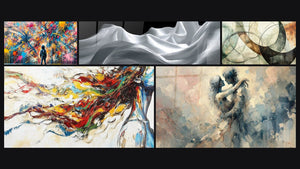 Mosaico de cinco cuadros, entre ellos Explosiones, Olas Fluidas y Musa Moderna