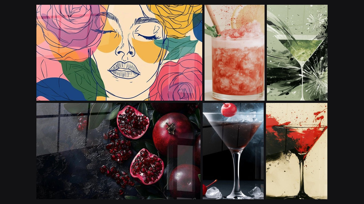 Mosaik aus sechs Gemälden, darunter Glas Martinis Rot und Schwarz Frostig und Glasbild Rot und Gelb mit Crushed Ice