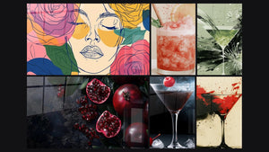 Mosaico de seis cuadros, entre ellos Granada N°1 y Vidrio Martini Rojo y Negro Helado