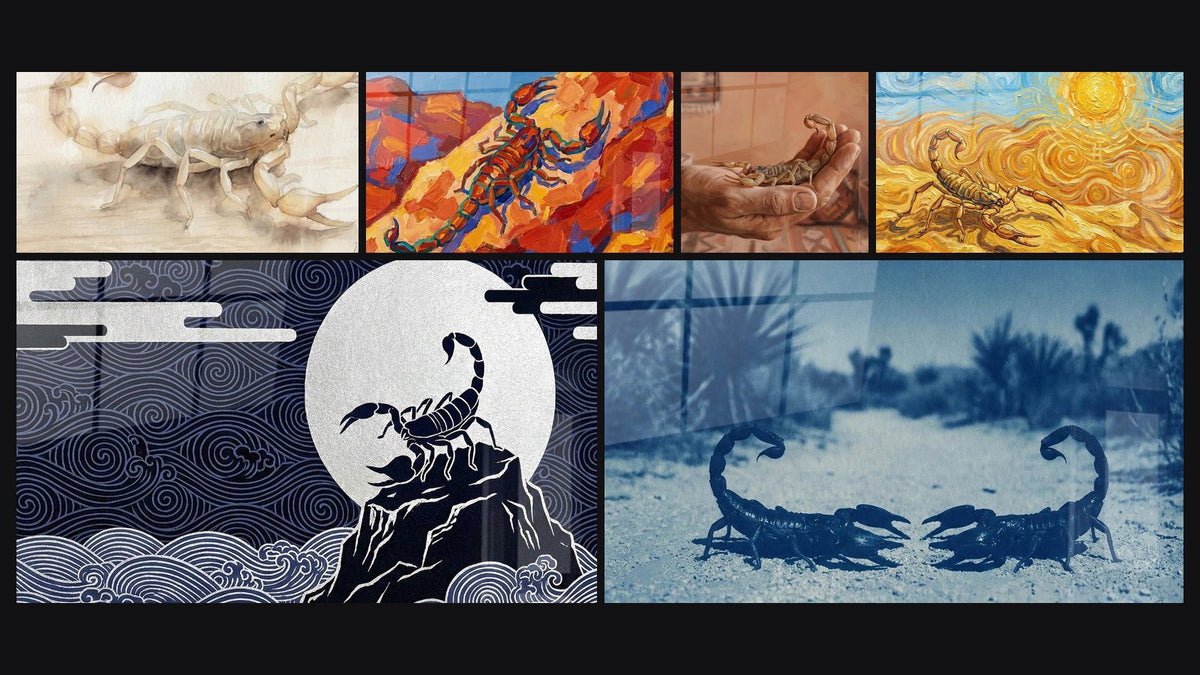 Mosaïque de six tableaux, dont Scorpion Aquarelle Beige et Ocre et Scorpion Doré sur Dunes Tourbillonnantes
