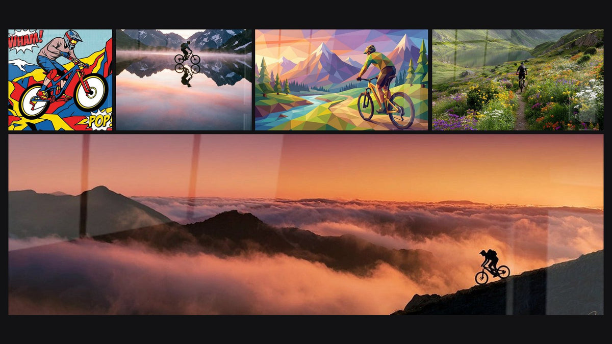 Mosaïque de cinq tableaux, dont VTT Pop Art, VTT Reflet Montagne et VTT Montagne Géométrique