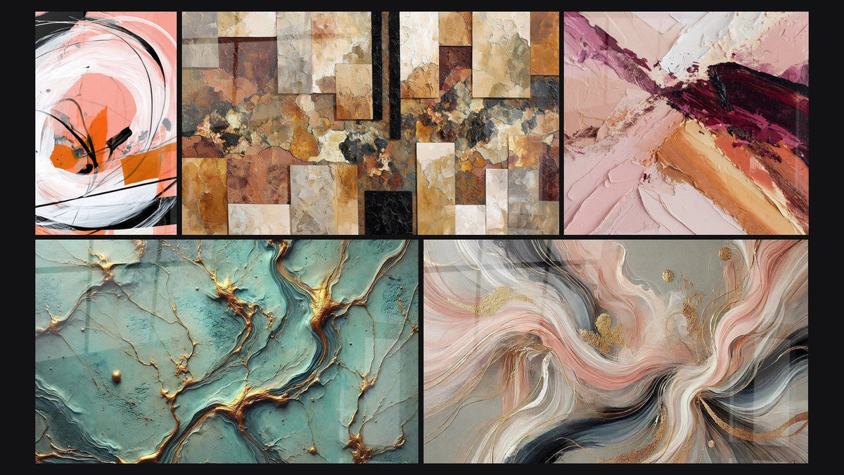 Mosaïque de cinq tableaux, dont Spirale blanche et corail aux traits noirs, Rivières d’Or et Flots de Soie